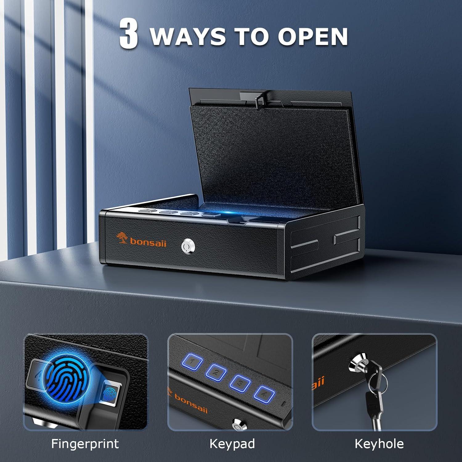 imageBonsaii Gun Safe for Handgun 3 Ways Quick Access Biometric Gun Safe for Pistols Fingerprint Pistol Safe with TypeC Port Small Handgun Safe Lock Box with Light for Nightstand Bedside Car HomeLarge
