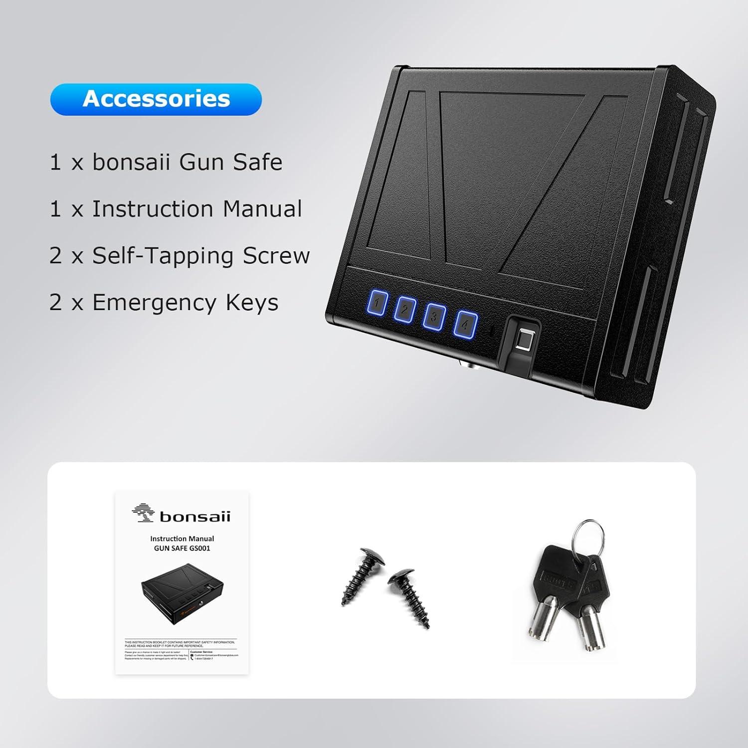 imageBonsaii Gun Safe for Handgun 3 Ways Quick Access Biometric Gun Safe for Pistols Fingerprint Pistol Safe with TypeC Port Small Handgun Safe Lock Box with Light for Nightstand Bedside Car HomeLarge