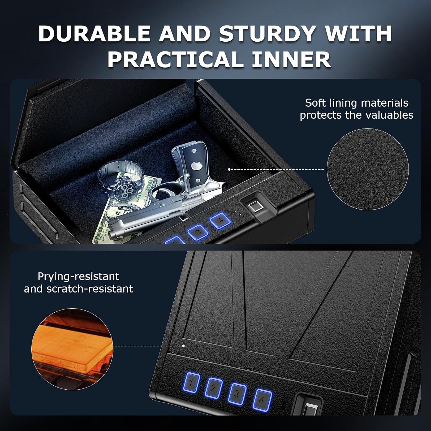 imageBonsaii Gun Safe for Handgun 3 Ways Quick Access Biometric Gun Safe for Pistols Fingerprint Pistol Safe with TypeC Port Small Handgun Safe Lock Box with Light for Nightstand Bedside Car HomeLarge